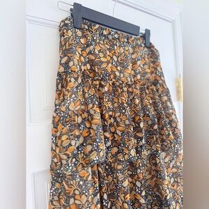 ba&sh Black Maxi Skirt with Mustard and Tan Leaf Print